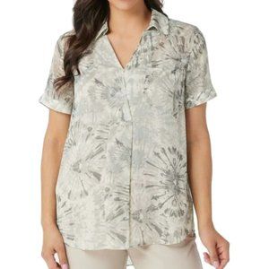 LOGO Lori Goldstein Gray Tie-Dye Woven Collared Short Sleeve Blouse